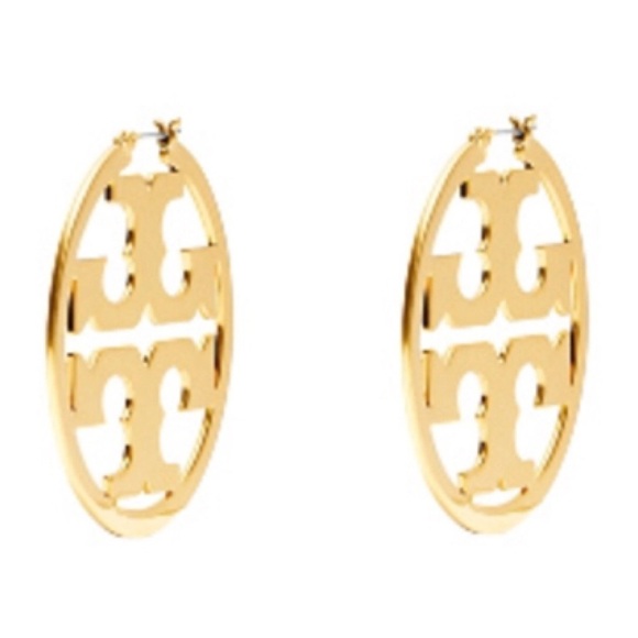 TORY BURCH • Gold Miller Logo Large Statement Hoop Earrings - Picture 4 of 9